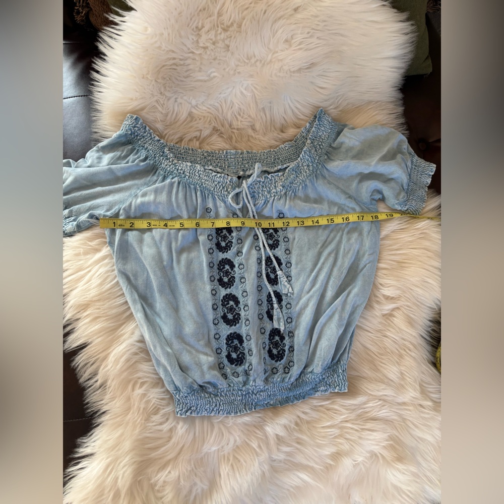 Smocked Light Blue Embroidered Peasant Blouse - Picture 13 of 13
